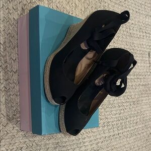 Aqua Black Espadrille Wedges